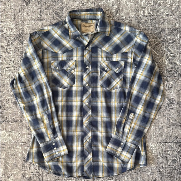 Wrangler Western Men's Yellow and Blue Plaid Pearl Snap Long Sleeve - Picture 1 of 7